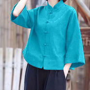漫藍(lán)夢(mèng)新中式盤扣襯衫棉麻上衣女高端禪意唐裝女裝復(fù)古中國風(fēng)素衣太極衫 湖藍(lán)色【杭州原版面料】 4XL 【建議156-170斤】