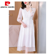 皮爾卡丹（pierre cardin）夏季真絲長(cháng)袖女裝連衣裙子春秋高檔2025新款雪紡高端精致長(cháng)裙垂墜 白色 2XL