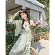 妃莉杋（FeiLiFan）碎花吊帶連衣裙夏季女裝2025年新款法式溫柔風(fēng)甜美收腰顯瘦裙子女 5213綠色外披+綠色吊帶裙子 L 【108-118斤】