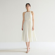 獨束微胖MM大碼女裝法式氣質(zhì)感高腰顯瘦A擺掛脖吊帶連衣裙 椰奶白連衣裙 XL (尺碼：3) 拍前和客服確認尺碼