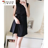 啄木鳥(niǎo)無(wú)袖綁帶雪紡高腰韓版連衣裙女2025夏季新款不規則氣質(zhì)連衣短裙潮 黑色 S