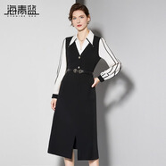 海青藍(lán)（CYANINE SEA）設(shè)計(jì)感黑白拼接假兩件襯衫裙2025春季新款收腰顯瘦連衣裙氣質(zhì)顯瘦 黑色 S