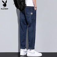 花花公子（PLAYBOY）牛仔褲男春夏季休閑褲子男士潮牌寬松直筒男褲 深藍 32