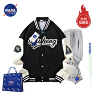NASA LIKE官方外套春秋季毛巾繡棒球服男女美式字母飛行員夾克街頭潮流工裝 字母黑色+1535加厚灰色 加絨 L （建議110-120斤）