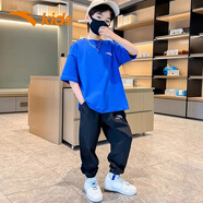 安踏兒童運動(dòng)套裝秋季短袖長(cháng)褲兩件套T恤2025新款透氣6-16歲衣服 藍T黑褲 165