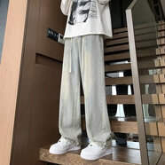 Baldauren12男大童褲子13青少年春秋款闊腿牛仔褲18男孩初高中學生寬松直筒 810#黃泥色【松緊腰】 155 S(建議80-90斤）