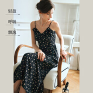 Olrain【雪紡絲碎花吊帶連衣裙】夏季女裝氣質(zhì)收腰輕盈飄逸長裙 黑色 M