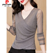 皮爾卡丹（pierre cardin）V領(lǐng)亮絲網(wǎng)紗打底衫女內搭秋裝新款時(shí)尚長(cháng)袖t恤蕾絲小衫上衣潮 2380灰色 M