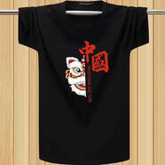 嘉曄（JIAYE）中國(guó)風(fēng)醒獅圓領(lǐng)短袖t恤男夏季短T舞獅印花T恤休閑百搭上衣 大中國(guó)獅黑色 2XL