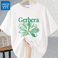 真維斯純棉短袖T恤女士夏季衣服新款2025寬松顯瘦休閑百搭外穿半袖上衣 白-綠色刺繡花 M （建議90-110斤）