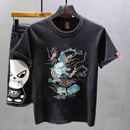 淘茲朗2025新款夏季中國風刺繡錦鯉純棉T恤短袖男青年重工時尚t恤ins潮 077飛龍在天刺繡黑色 XL