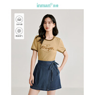 茵曼（INMAN）純棉美式T恤2025夏季女裝新款刺繡印花撞色圓領短袖顯瘦上衣 咖色 M