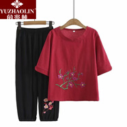 俞兆林（YUZHAOLIN）母親節(jié)中老年女裝中老年胖媽媽時(shí)尚套裝夏季民族風(fēng)棉麻短袖上衣休 紅色套裝 XL _[100-120斤左右]