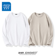 真維斯（Jeanswest）新疆棉220g重磅純棉長(cháng)袖t恤寬松純色上衣打底衫內搭厚實(shí)男女款白t 【2件裝】白色+海鷗灰 3XL (體重190-210斤)