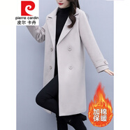 皮爾卡丹（pierre cardin）中長(cháng)款毛呢西裝外套女冬季2023夾棉加厚冬裝呢子西服大衣針織 杏色(加棉) 加厚 2XL (125-135斤)