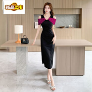 初徑2025夏季御姐范新款法式露肩氣質(zhì)連衣裙收腰拼色包臀長(cháng)裙女裝 玫紅色 S 80-100斤