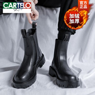 卡帝樂鱷魚（CARTELO）切爾西靴男冬季加絨高幫鞋英倫風(fēng)一腳蹬馬丁靴男春秋靴子男煙筒靴 黑色加絨【增高款】21271 43