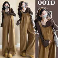 革曼孕婦裝春秋2025新款套裝洋氣時(shí)髦減齡背帶褲寬松高級感休閑上衣女 咖色背帶褲單件 L