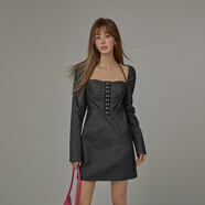 CHUU黑色長(cháng)袖連衣裙女2025秋季新品法式方領(lǐng)掛脖小禮服包臀短裙 黑色 均碼