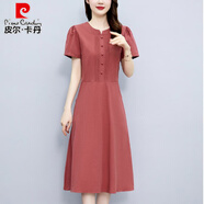 皮爾卡丹短袖棉麻連衣裙女夏季2025新款中年媽氣質(zhì)收腰亞麻高端中長(zhǎng)裙子 紅色 M (90-100斤)
