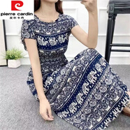 皮爾卡丹（pierre cardin）棉綢連衣裙夏波西米亞背心長裙碎花沙灘裙女海邊度假人造棉印花裙 蝙蝠袖深藍大象 M建議80-90斤