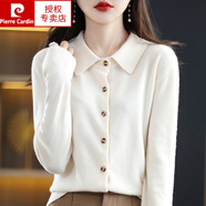 皮爾卡丹（pierre cardin）100%純羊毛襯衫女Polo領(lǐng)開衫羊毛針織衫外搭上衣氣質(zhì)襯衣毛衣外套 米杏色 2XL 收藏加購有禮