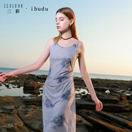 三彩2025春季新款圓領(lǐng)吊帶裙無(wú)袖印花網(wǎng)紗連衣裙長(cháng)裙女