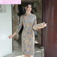 壹號鳳日常改良加厚燙金鹿皮絨旗袍小清新中長(cháng)款修身秋季長(cháng)袖連衣裙 藍色 [贈退貨包] 4XL [135-145斤]