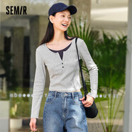 森馬長(cháng)袖T恤女短款假兩件BM風(fēng)24春拼色緊身正肩針織衫顯瘦 中花灰00510 155/80A/S