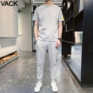 VACK 夏天休閑短袖套裝男寬松圓領(lǐng)衣服情侶裝冰絲T恤男裝夏季運動(dòng)服 85灰色 L(110-125斤)