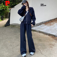 皮爾卡丹大d碼胖m妹日系休閑運動(dòng)闊腿褲套裝女300斤秋季連帽開(kāi)衫純.棉衛衣 藏藍色套裝 4XL 建議240-300