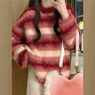 上流匯2025新款慵懶風(fēng)軟糯水貂絨條紋毛衣女秋冬小個(gè)子寬松針織上衣 紅色（高品質(zhì)） L 【100-110斤拍】