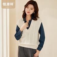 恒源祥純羊毛衫無袖女士背心秋冬提花毛衣千鳥格針織衫女裝套頭毛衣馬甲 珍珠白 M /165/88A