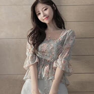 GUOCILRN雪紡衫女新款春夏韓國甜美碎花喇叭袖裹胸收腰顯瘦短款襯衫上衣女 淺綠色 S