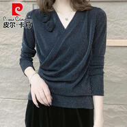 皮爾卡丹（pierre cardin）秋季新品V*領(lǐng)洋氣時尚百搭氣質(zhì)減齡打底衫女士亮絲長*袖顯瘦t恤上 黑色 5XL 140-150斤