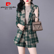 皮爾卡丹格子毛呢西裝外套短褲兩件套女2025春季新款小個子時尚小香風套裝 綠色 L (建議105-115斤 高品質(zhì))
