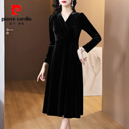 皮爾卡丹（pierre cardin）金絲絨連衣裙大碼顯瘦2025女新款秋冬季媽媽高貴洋氣內搭打底 黑色常規款 S