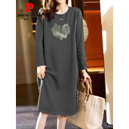 皮爾卡丹（pierre cardin）2025純棉長(zhǎng)袖長(zhǎng)裙寬松休閑過(guò)膝t恤裙簡(jiǎn)約中長(zhǎng)款連衣裙女顯瘦春秋 灰色長(zhǎng)袖(綠色愛(ài)心) 2XL 140-160斤