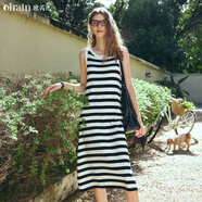 Olrain歐芮兒黑白條紋連衣裙女早秋新款通勤百搭針織無(wú)袖長(cháng)裙 黑白條紋 M