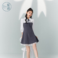 紫涵（ZIHAN）紫涵假兩件襯衫領(lǐng)連衣裙女秋季收腰顯瘦七分袖網(wǎng)紗短裙子 深灰 XS