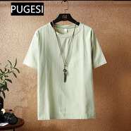 普戈斯2024夏季新款潮牌亞麻短袖t恤男寬松大碼胖子棉麻半袖潮流中國風(fēng) T038 -純色 T恤 - 豆綠 M