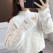 純邇雪尼爾半高領(lǐng)毛衣女冬季針織衫女寬松慵懶風(fēng)加厚女裝刺繡小鹿上衣 006花米色 XXL
