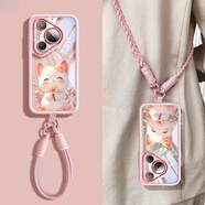 皮殼士  適用華為Pura80Pro手機殼個(gè)性卡通繡球貓奶油硅膠pura70pro精美鏡頭全包防摔小清新時(shí)尚女款外殼 桃花貓-粉白色+長(cháng)斜跨掛繩 華為Pura 70（注：頂上1個(gè)圓點(diǎn)孔位）