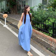 小野七天藍(lán)色無袖法式背心連衣裙子女純欲夏季2025新款海邊度假氣質(zhì)長裙 藍(lán)色 M