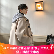 HOUQIYE 毛呢大衣男秋季新款情侶風(fēng)衣寬松外套男韓版潮流落肩純色大衣 F607米白色 M（100-120）