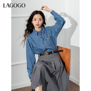 LAGOGO小馬刺繡牛仔襯衫女拉谷谷春秋新款元氣疊穿外套顯瘦上衣 深牛仔藍(N2) M