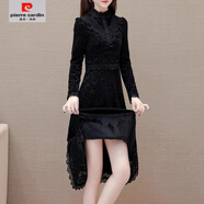 皮爾卡丹（pierre cardin）黑色蕾絲長裙2025新款冬季女赫本風(fēng)一體絨打底裙配大衣內(nèi)搭連衣裙 黑色【加絨加厚款】 4XL 【建議146-160斤左右】