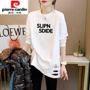 皮爾卡丹秋冬新款純棉加絨長(cháng)袖T恤女拼接中長(cháng)款寬松顯瘦白色破洞上衣ins潮 SLSD（不加絨款） L 116-130斤