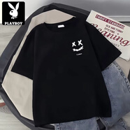 花花公子（PLAYBOY）夏季新款短袖t恤男圓領(lǐng)寬松五分半袖冰絲涼感韓版潮流體恤衫 X笑臉黑【單件】 M 80-95斤