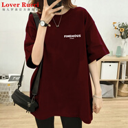 LOVER RUCCI紅色純棉寬松長(cháng)款正肩字母短袖T恤女2025春夏新款歐貨大版上衣ins 棗紅色【FINEMOUS-白】 S 推薦80-100斤